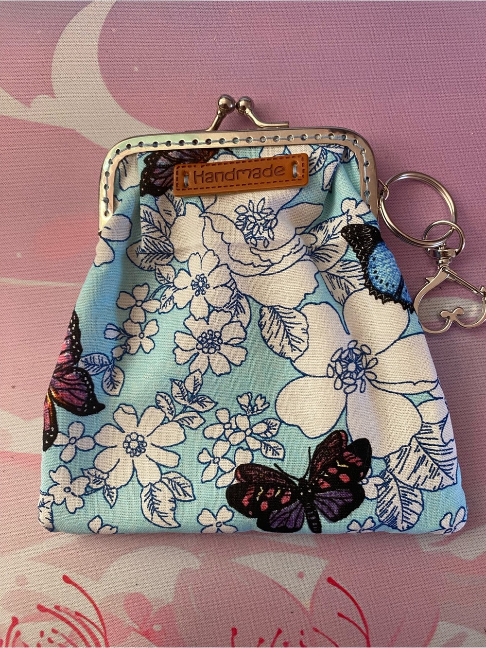 Blue Floral & Butterfly Coin Purse with Key Ring